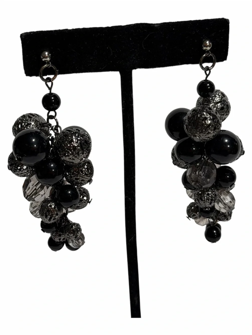 Beaded Cluster Dangle Earrings Cha Cha Black Clear Gunmetal Whimsigoth